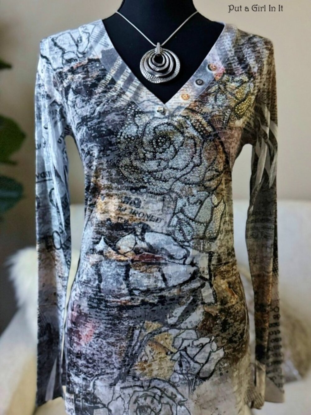 USA New Vocal Apparel Women's Crystal Floral Rose Sublimation Burnout Shirt S M